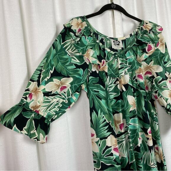 Hilo Hattie Vintage Green Tropical Print Ruffle Maxi Dress Sz.M - Picture 5 of 11